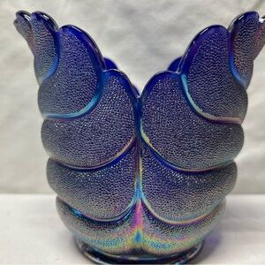 LE Smith for Imperial Glass Nortec Cobalt Blue Textured leaf vase